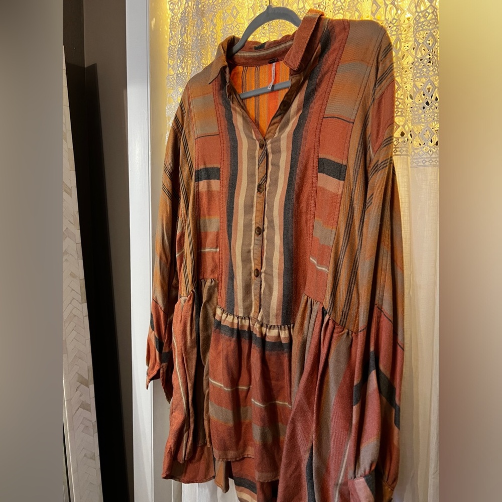 Free People: Striped Buttom Down Flannel Dress: Medium: Orange/Coral/Blue